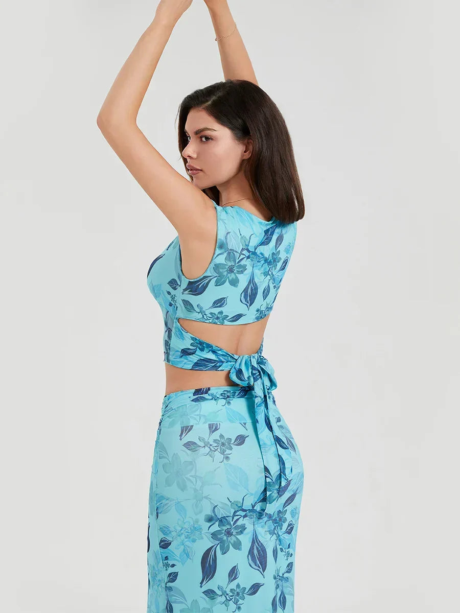 Floral Print Sleeveless Crop Top & Maxi Skirt Set