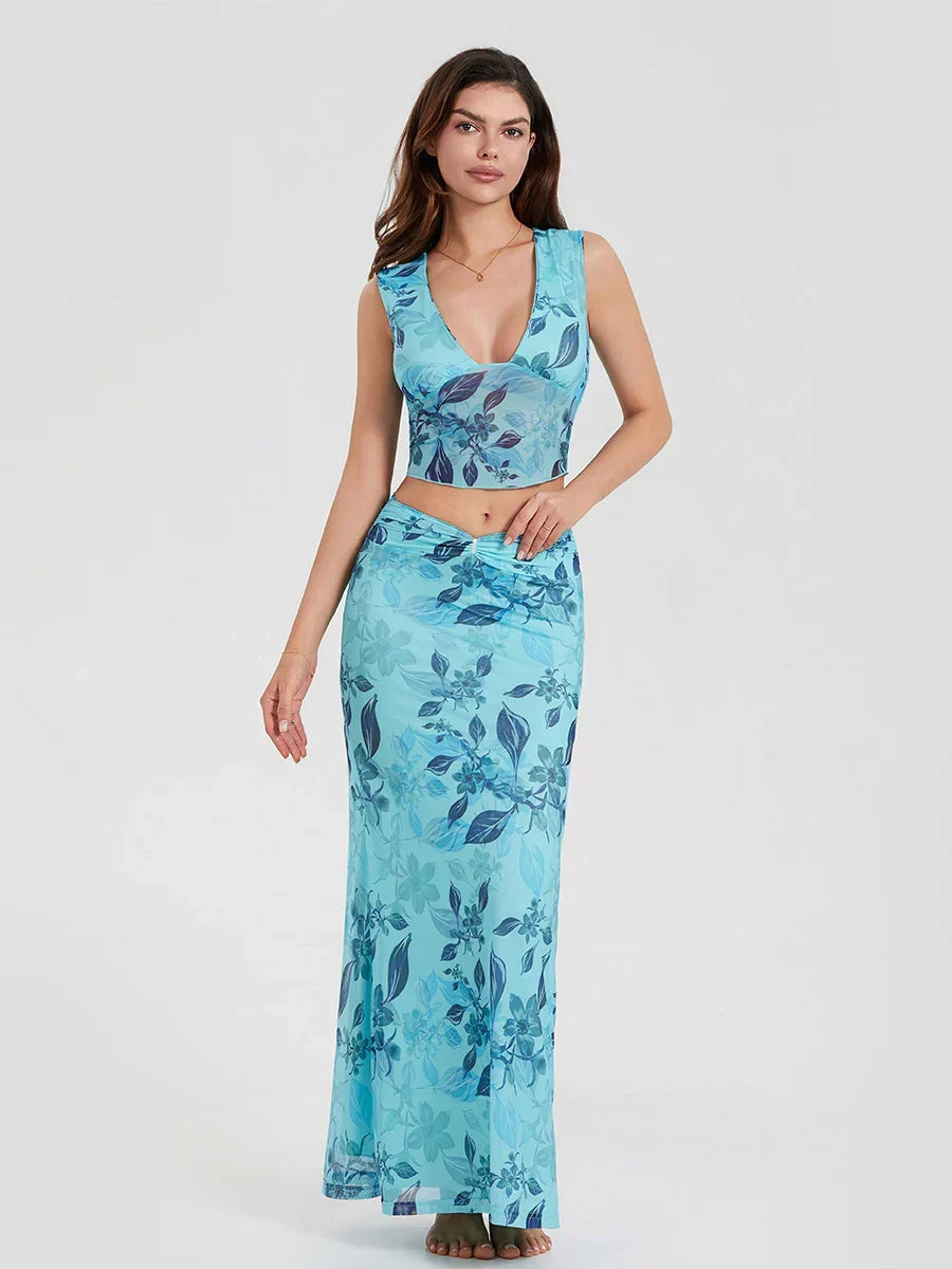 Floral Print Sleeveless Crop Top & Maxi Skirt Set