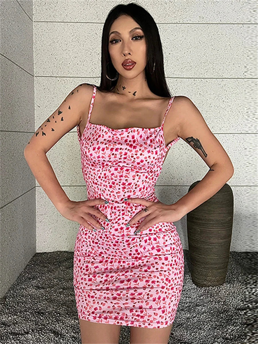Chic Floral Print Backless Sling Mini Suspender Wrap Bodycon Party Dress