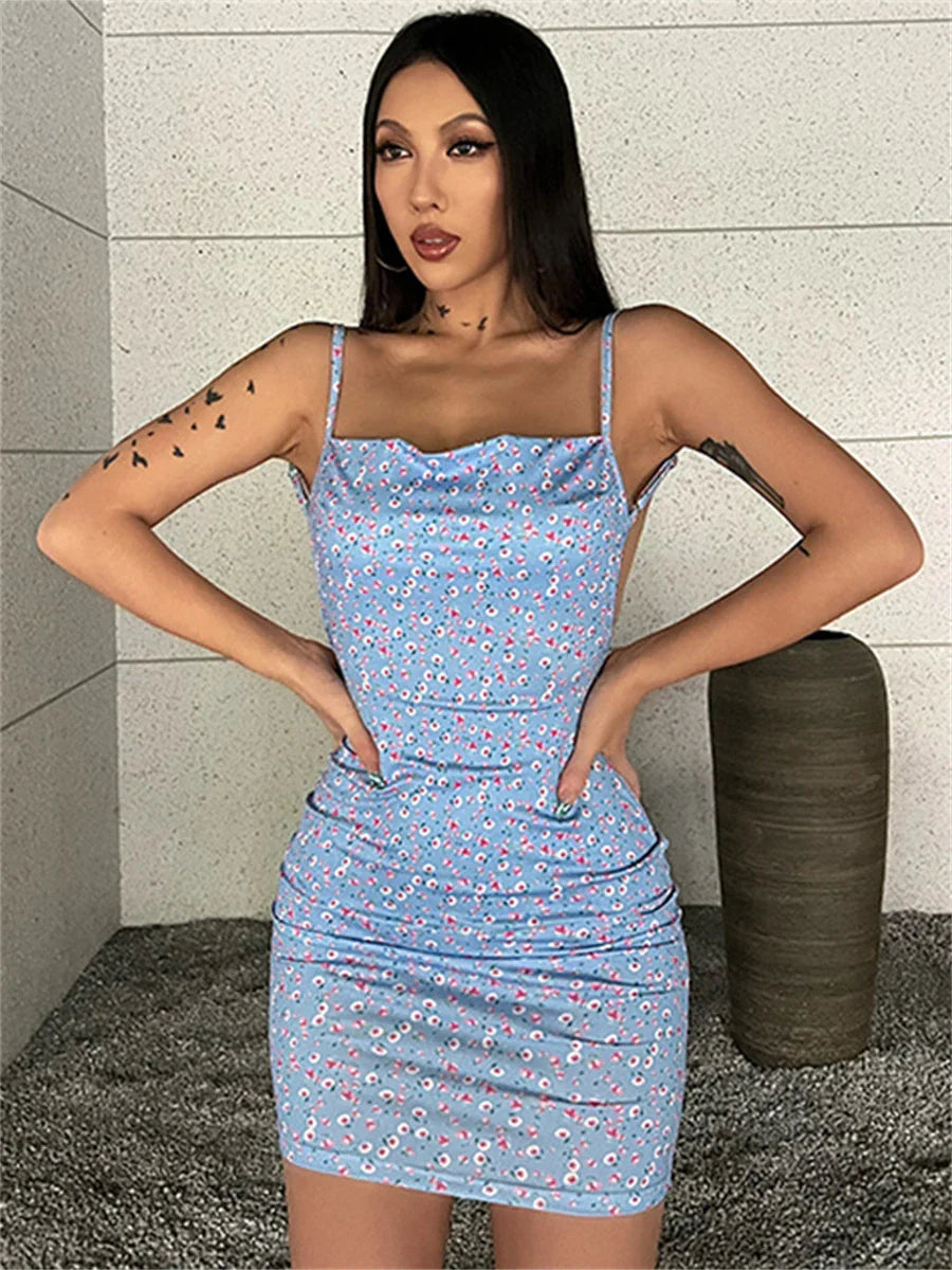 Chic Floral Print Backless Sling Mini Suspender Wrap Bodycon Party Dress