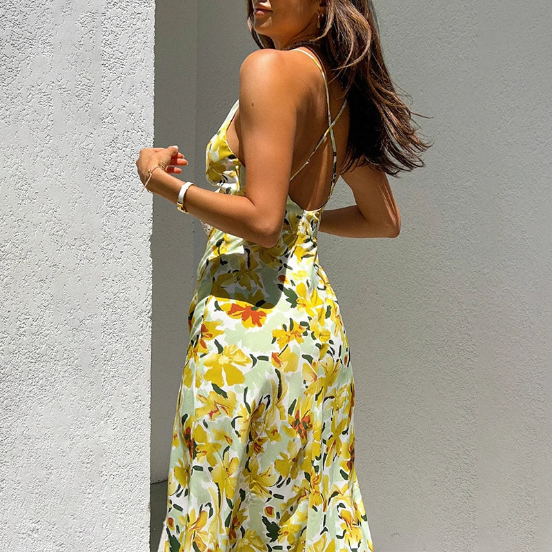 Chic Yellow Flowers Print Twist Knot Cutout Midi Floral Dress