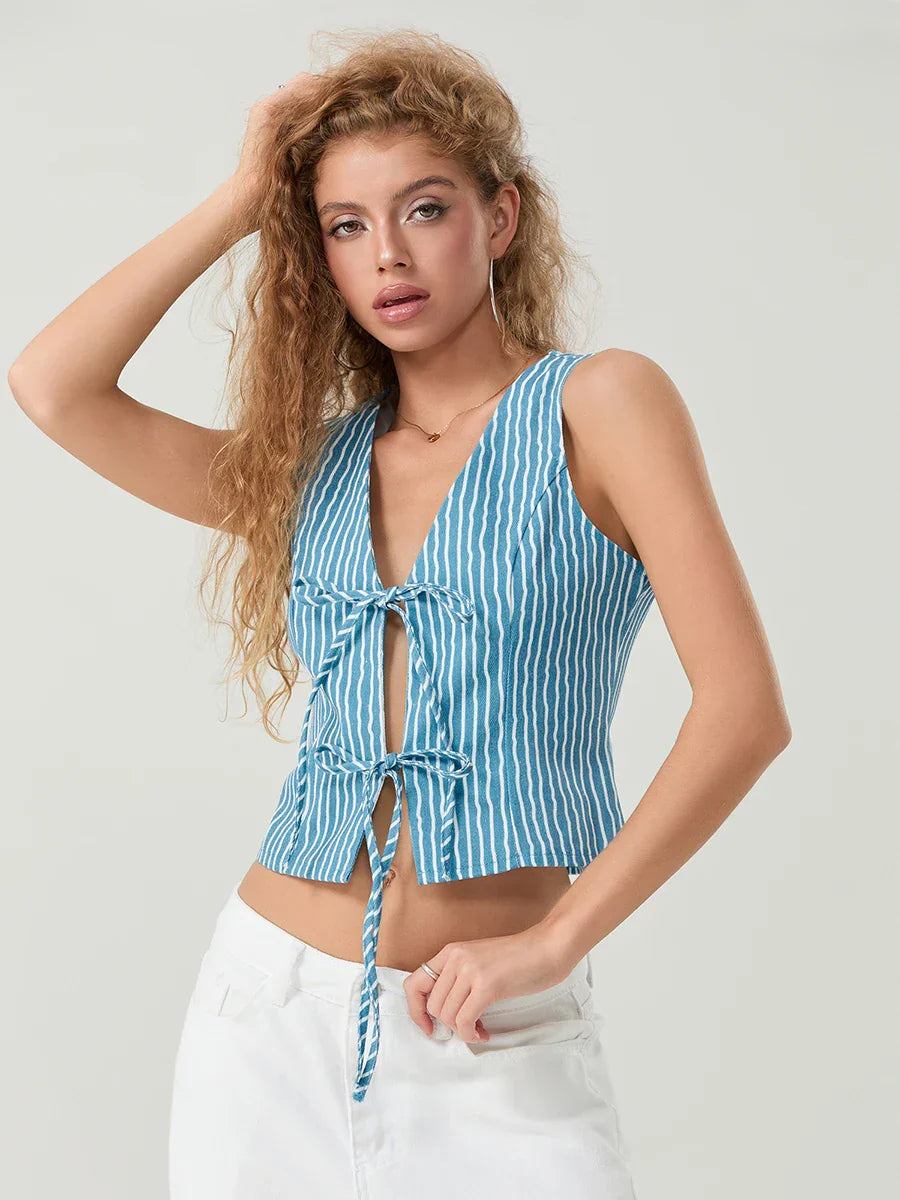 Elegant Bow Tied Front Striped Sleeveless V-neck Crop Tank - Fashionpara