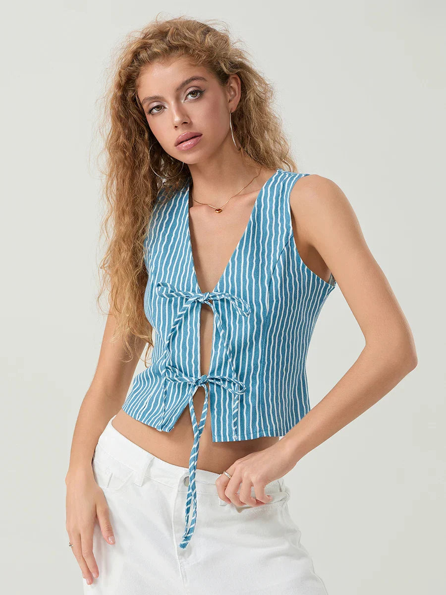 Elegant Bow Tied Front Striped Sleeveless V-neck Crop Tank - Fashionpara