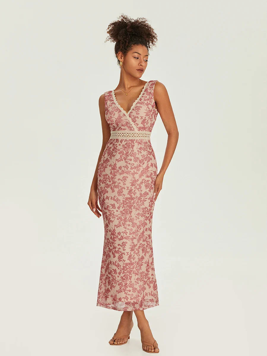 Elegant Floral Fishtail Lace Trim Wrap V-neck Bodycon Floral Dress