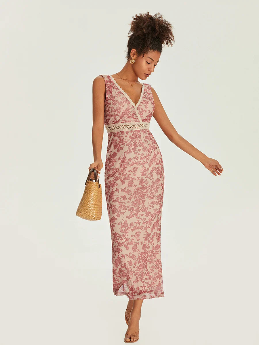 Elegant Floral Fishtail Lace Trim Wrap V-neck Bodycon Floral Dress