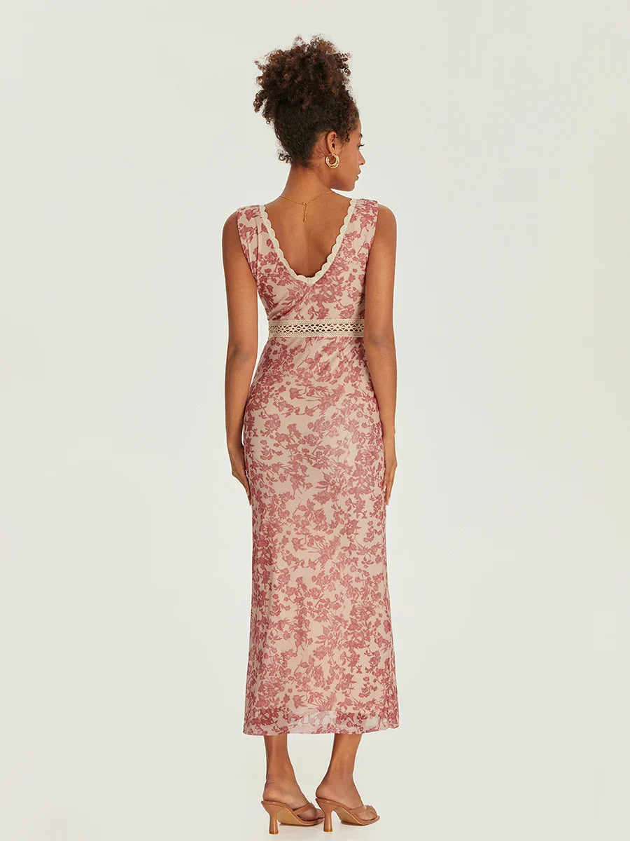 Elegant Floral Fishtail Lace Trim Wrap V-neck Bodycon Floral Dress