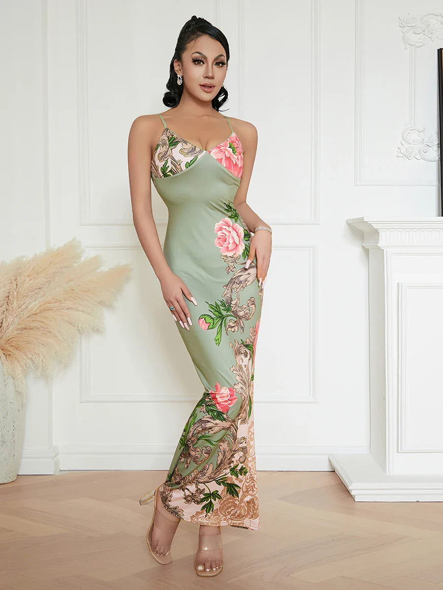 Elegant Floral Spaghetti Strap Backless Floral Dress