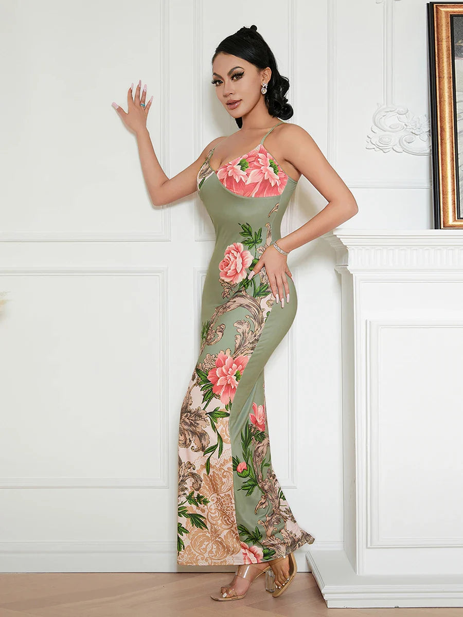 Elegant Floral Spaghetti Strap Backless Floral Dress