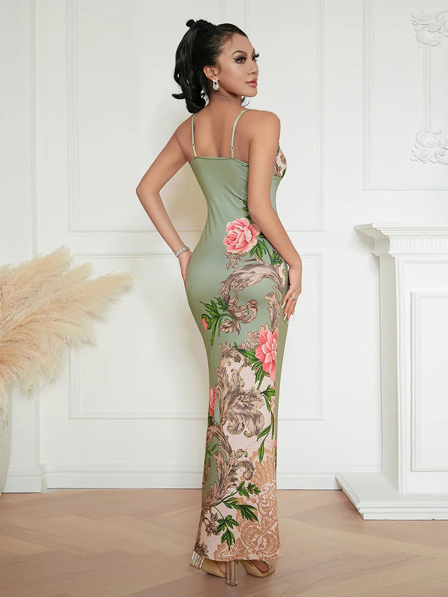 Elegant Floral Spaghetti Strap Backless Floral Dress