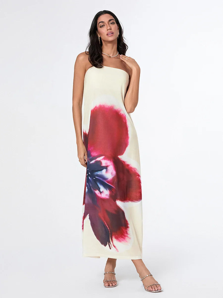Elegant Floral Strapless Loose Fit Floral Dress