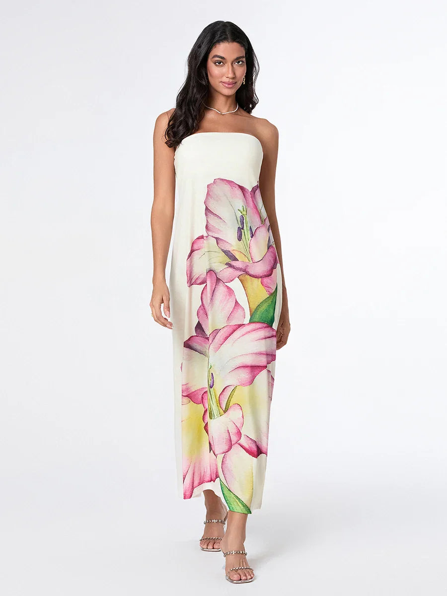 Elegant Floral Strapless Loose Fit Floral Dress