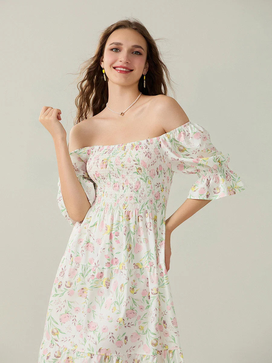 Elegant Off-Shoulder Party Half Sleeve Square Neck A-line Floral Dress
