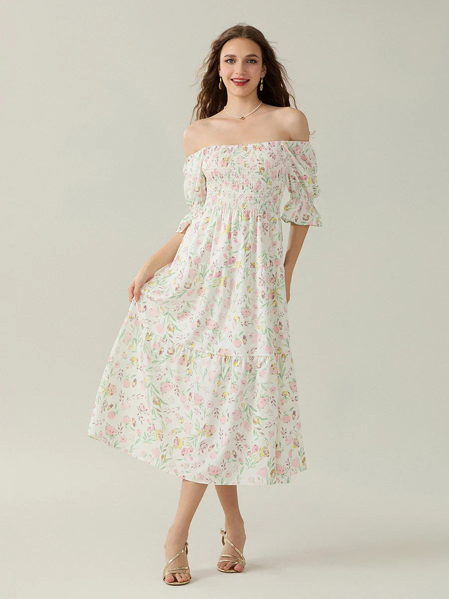 Elegant Off-Shoulder Party Half Sleeve Square Neck A-line Floral Dress