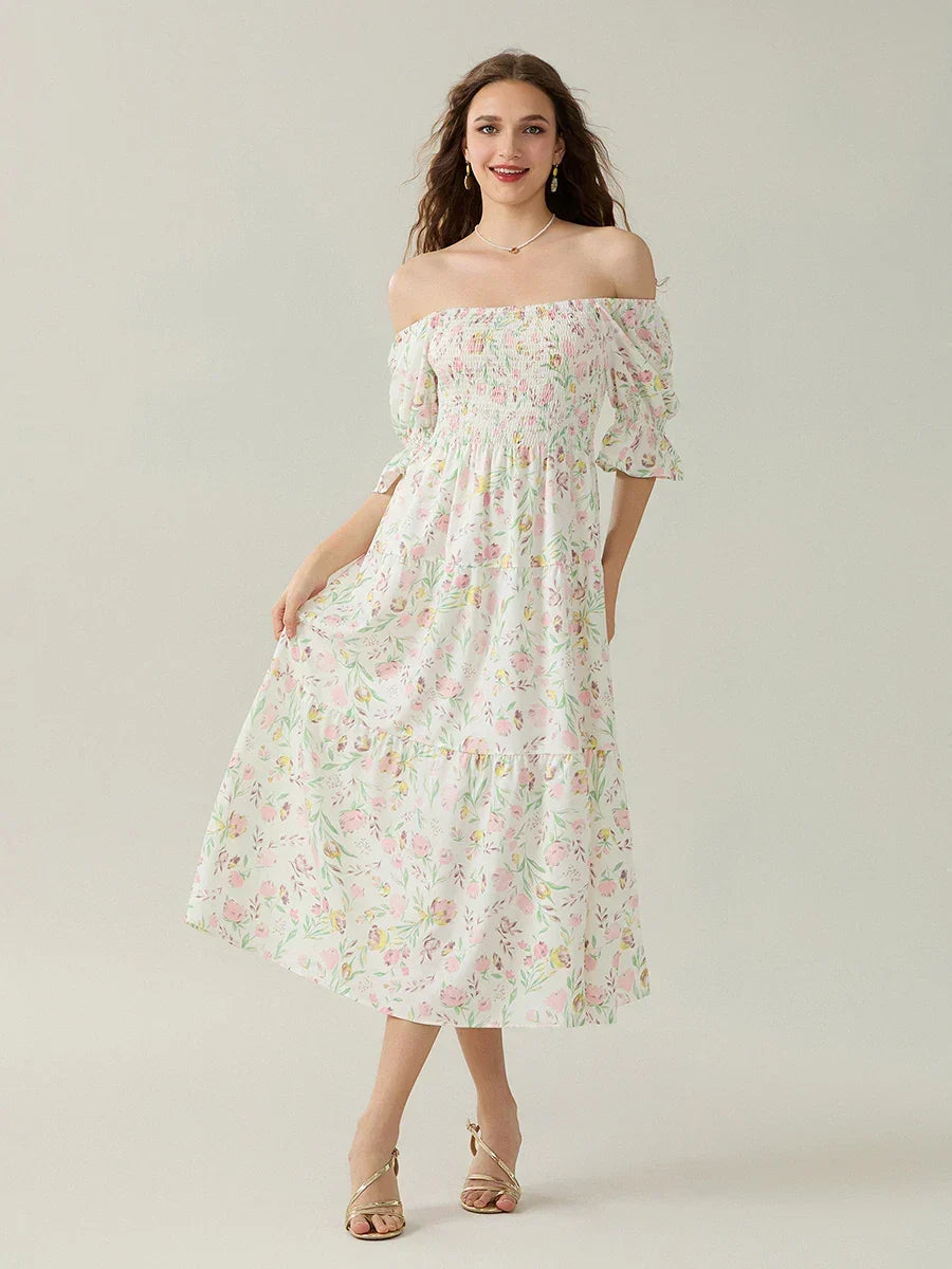 Floral Print Off Shoulder Puff Sleeve Tiered Midi Dress 3