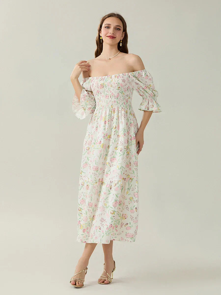 Floral Print Off Shoulder Puff Sleeve Tiered Midi Dress