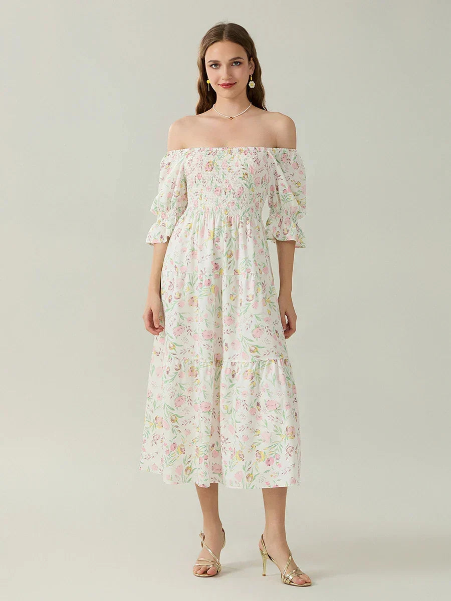 Floral Print Off Shoulder Puff Sleeve Tiered Midi Dress 4