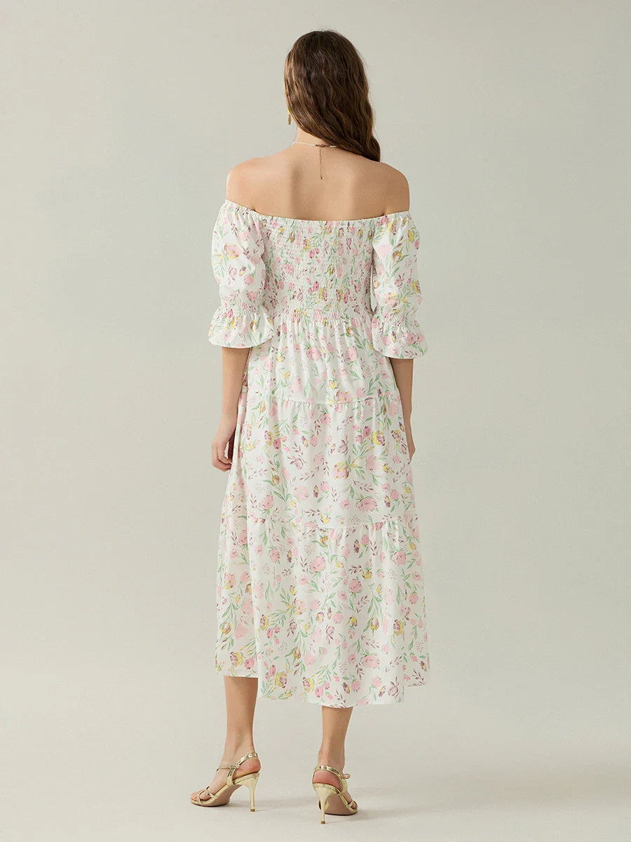 Elegant Off-Shoulder Party Half Sleeve Square Neck A-line Floral Dress