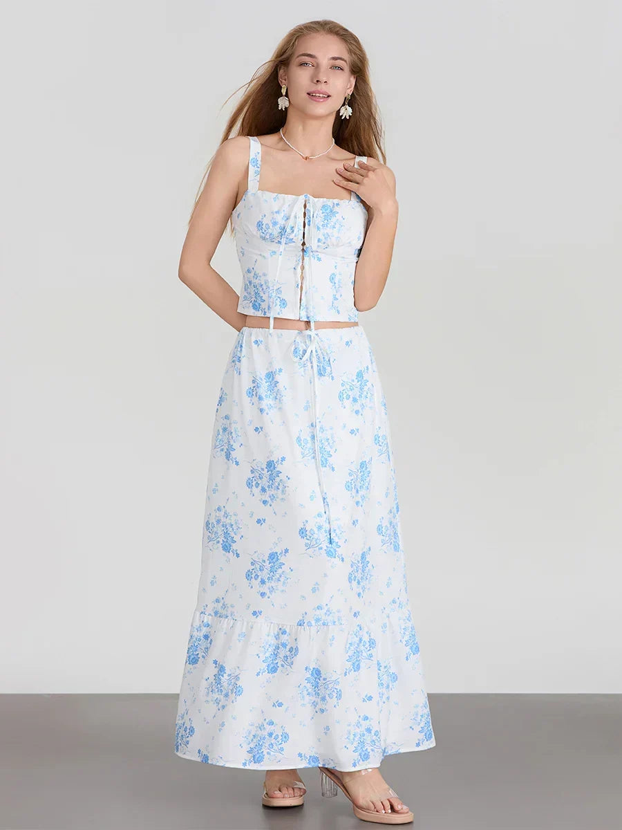 Suspender Crop Tank Top Drawstring A-line Skirt Floral Dress