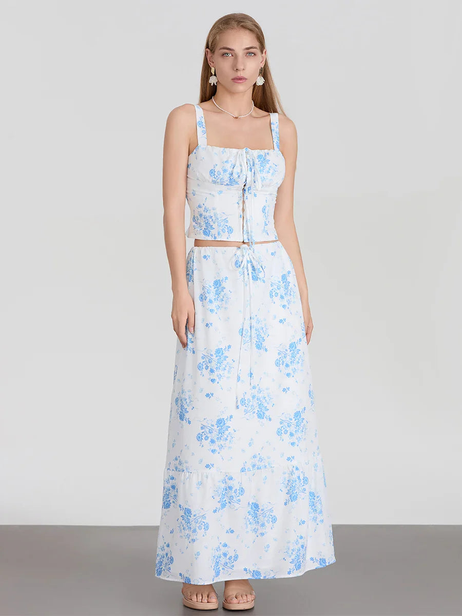 Suspender Crop Tank Top Drawstring A-line Skirt Floral Dress