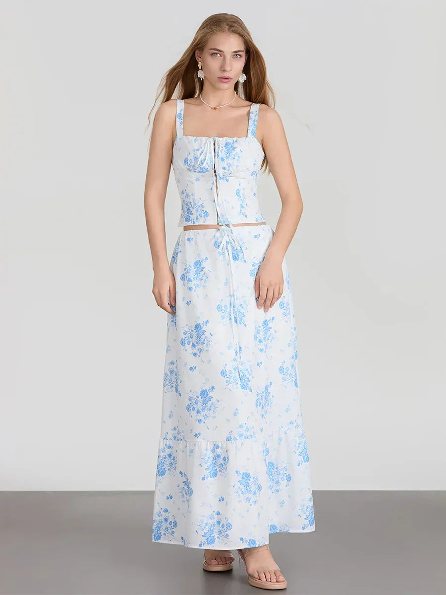 Suspender Crop Tank Top Drawstring A-line Skirt Floral Dress Blue / S floraldress-250126