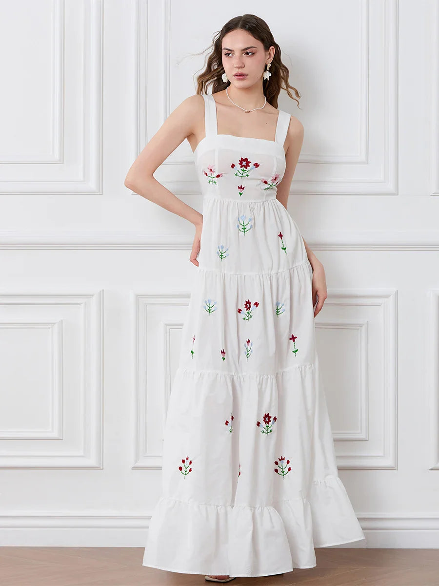 Embroidered Flower Ruched Tiered Slip Floral Dress