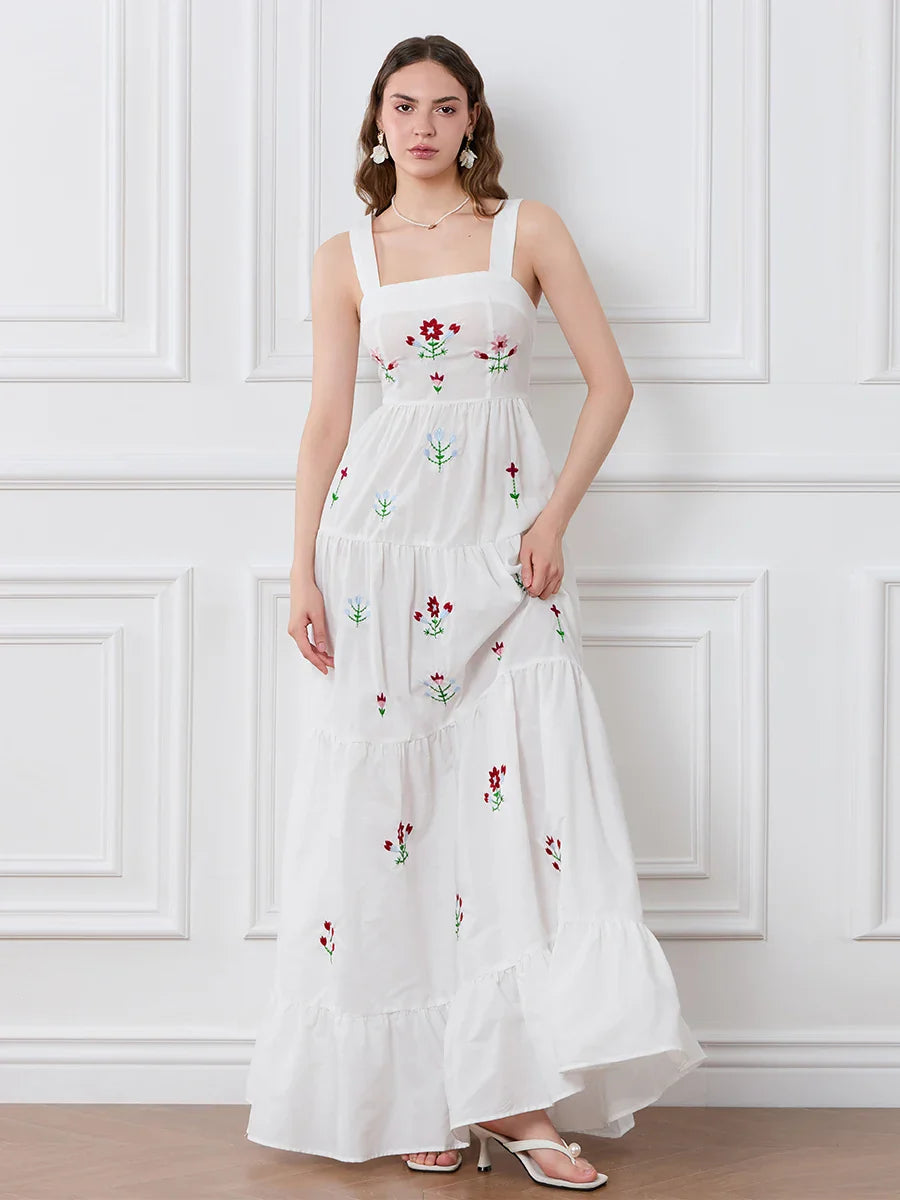 Embroidered Flower Ruched Tiered Slip Floral Dress