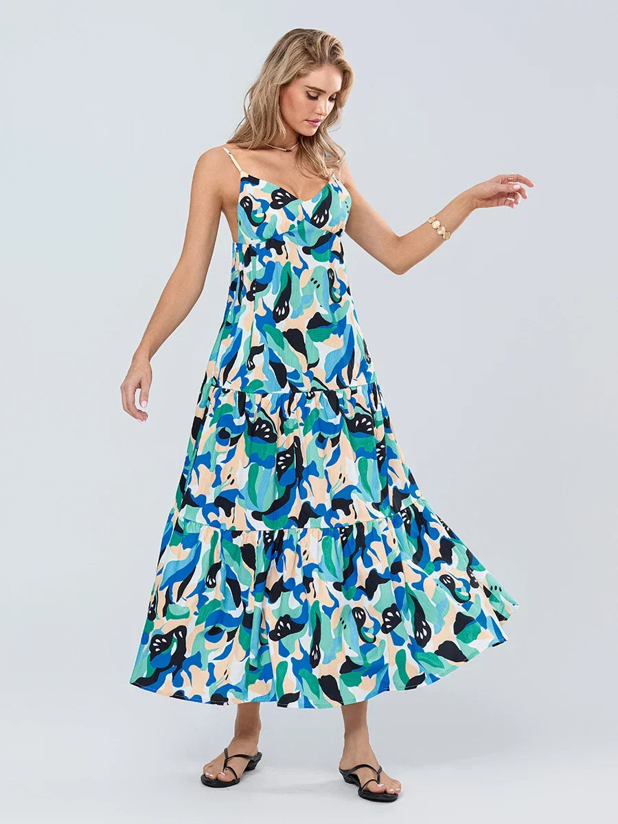 Abstract Print Sleeveless Tiered Maxi Dress 2