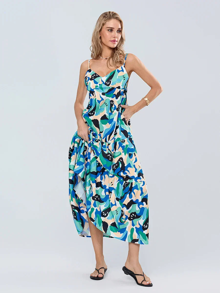 Abstract Print Sleeveless Tiered Maxi Dress