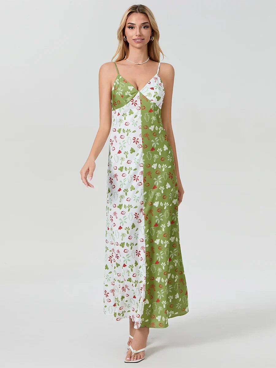 Floral Print V-Neck Spaghetti Strap Satin Maxi Dress