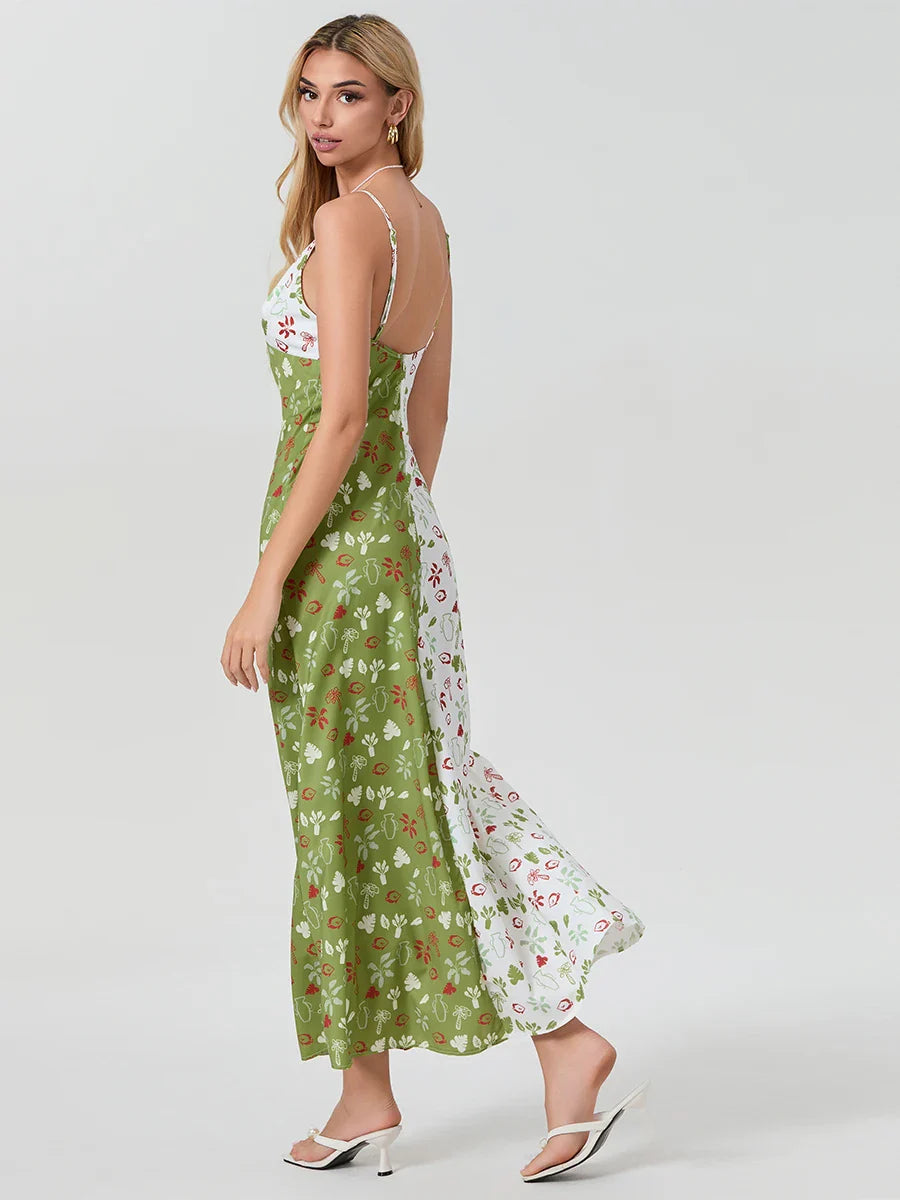 Contrast Color V-neck Spaghetti Strap Slip Floral Dress