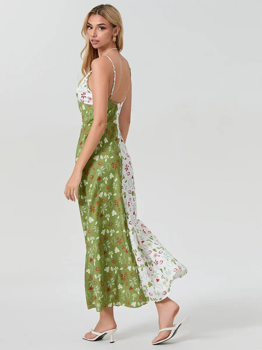 Floral Print V-Neck Spaghetti Strap Satin Maxi Dress