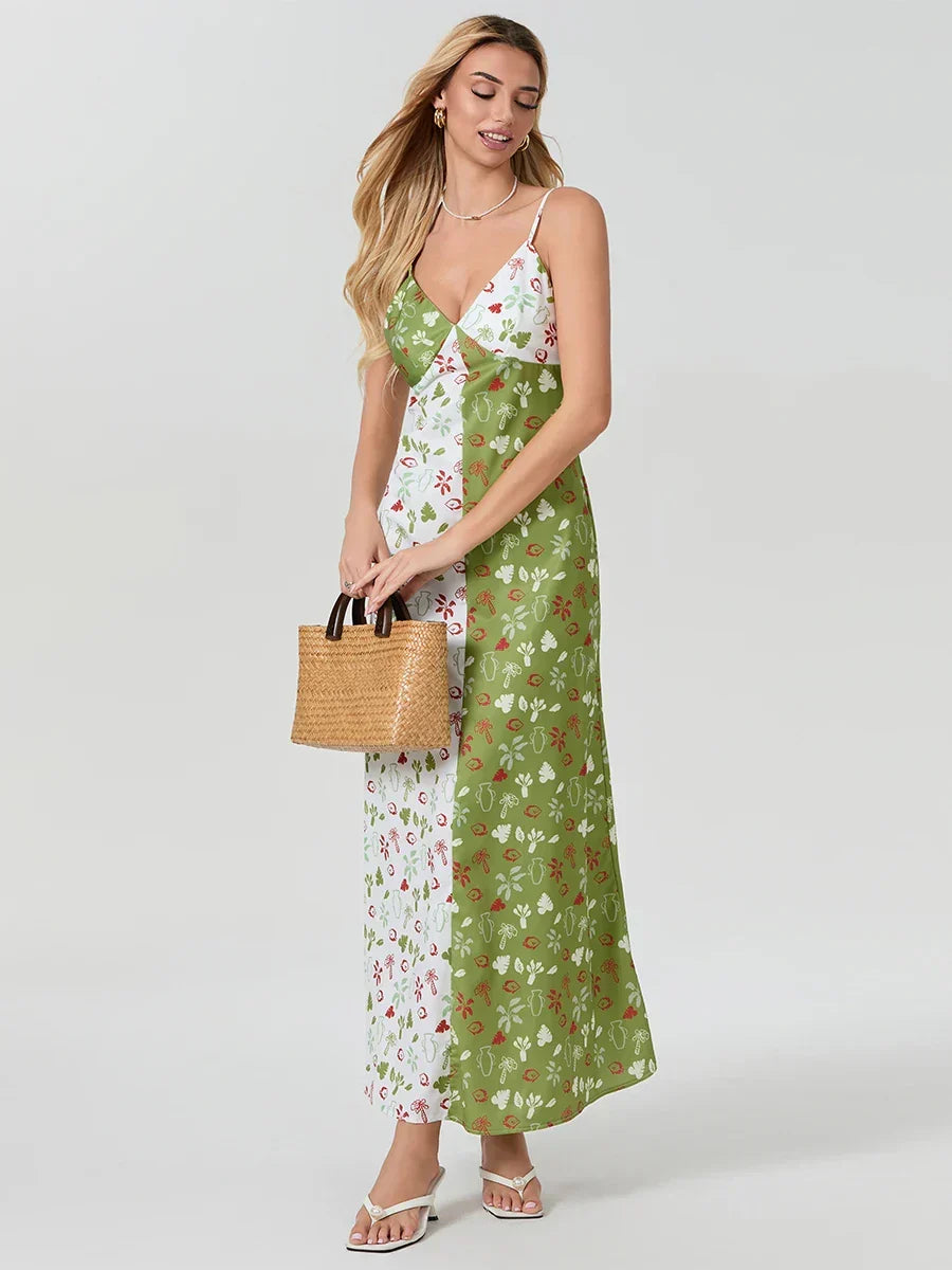 Floral Print V-Neck Spaghetti Strap Satin Maxi Dress
