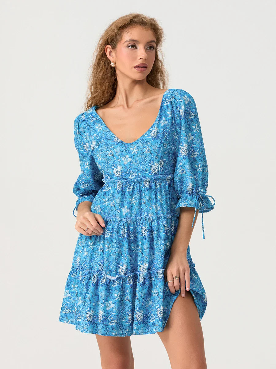Elbow Puff Sleeve V-Neck Tiered Floral Dress