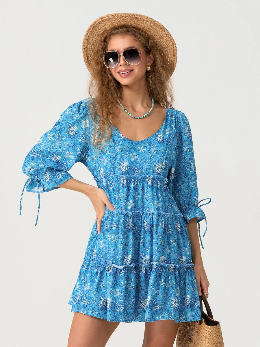 Elbow Puff Sleeve V-Neck Tiered Floral Dress