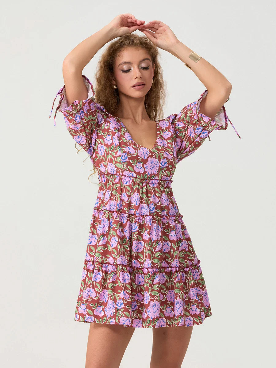 Elbow Puff Sleeve V-Neck Tiered Floral Dress