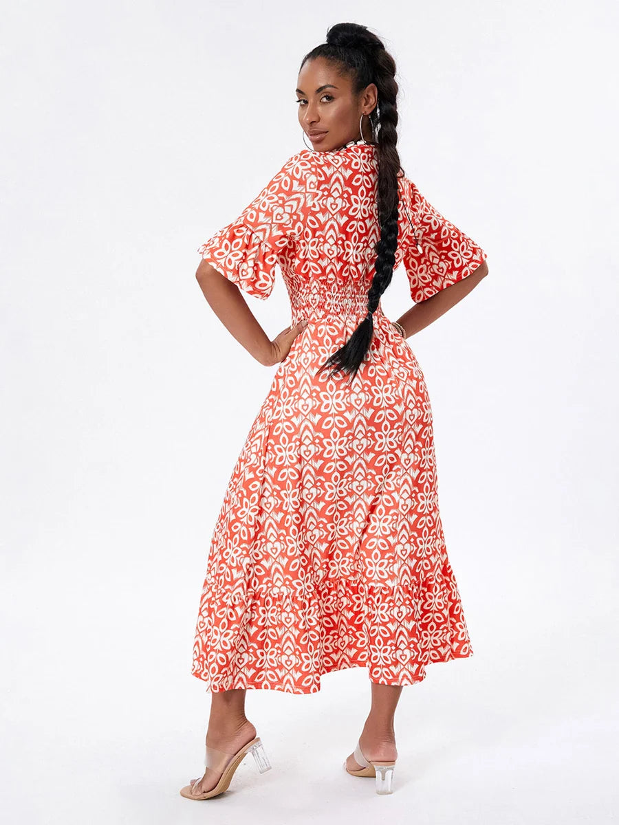 Floral Print Beach Midi Casual Flare Sleeve A-Line Ruffled Floral Dress