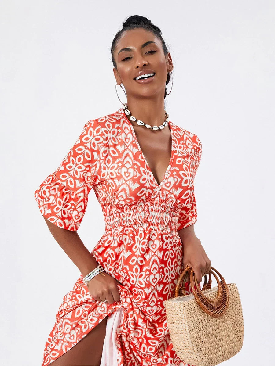 Floral Print V-Neck Smocked Tiered Midi Dress