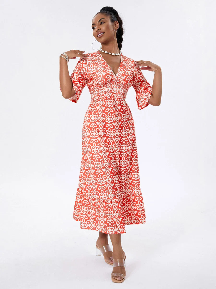 Floral Print Beach Midi Casual Flare Sleeve A-Line Ruffled Floral Dress