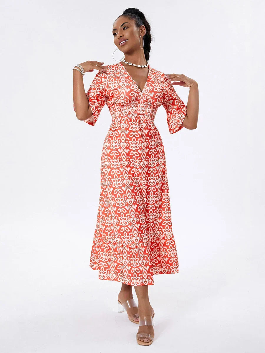 Floral Print V-Neck Smocked Tiered Midi Dress