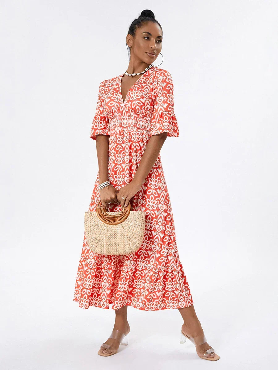 Floral Print V-Neck Smocked Tiered Midi Dress