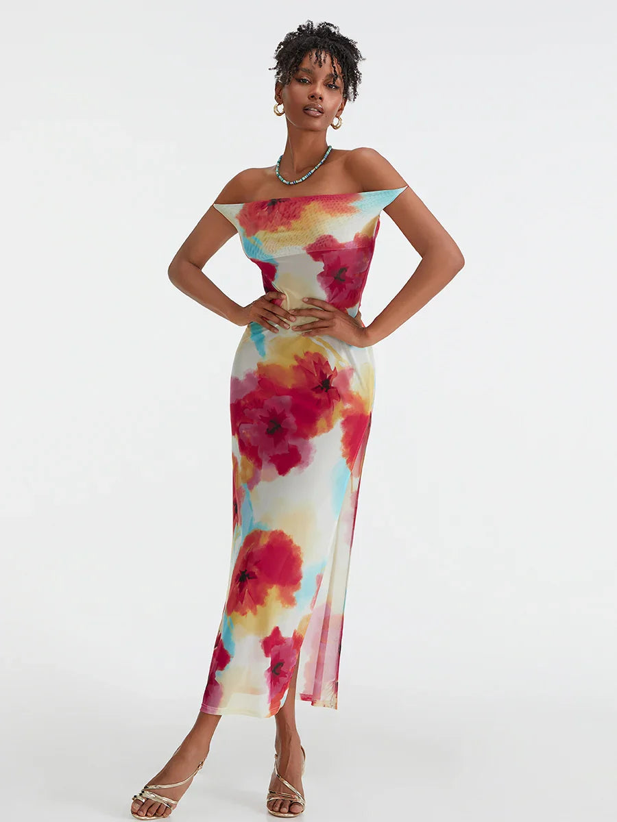 Floral Print High Split Backless Off-Shoulder Tie-up Long Floral Dress