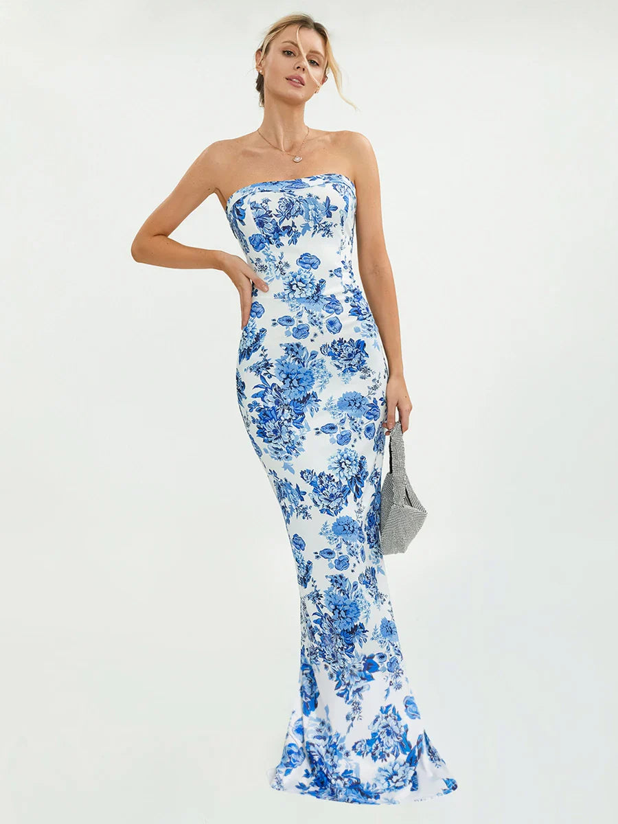 Floral Off-Shoulder Tube Bandeau Slit Bodycon Beach Holiday Floral Dress