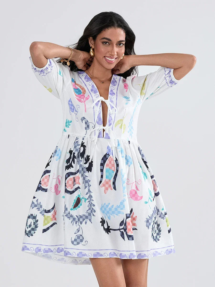 Floral Print V-Neck Puff Sleeve Tie Front Mini Dress
