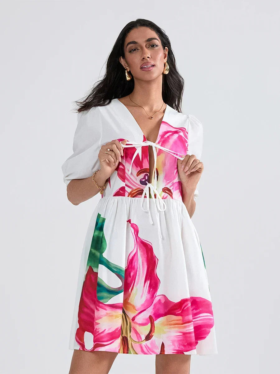 Floral Print V-Neck Puff Sleeve Tie Front Mini Dress