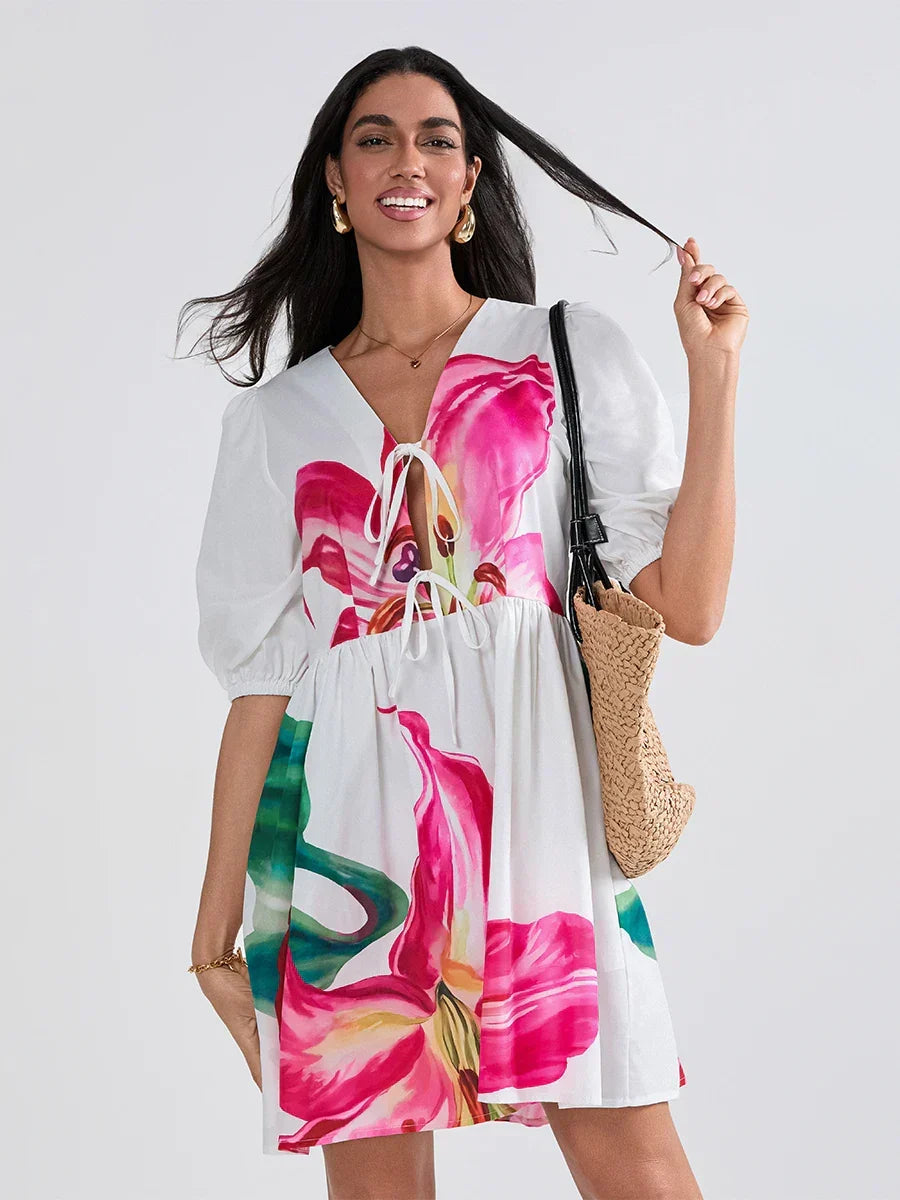 Floral Print V-Neck Puff Sleeve Tie Front Mini Dress