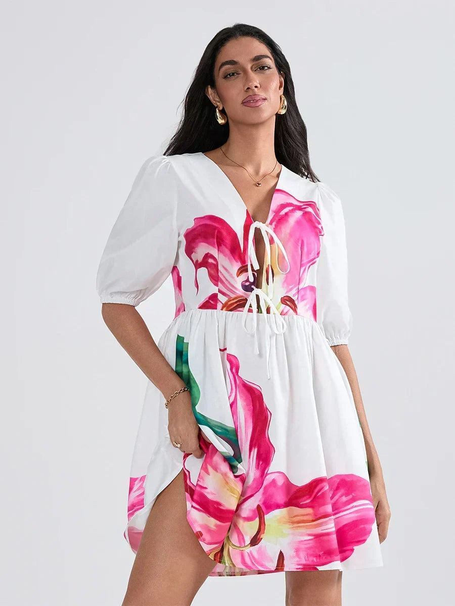 Floral Print V-Neck Puff Sleeve Tie Front Mini Dress