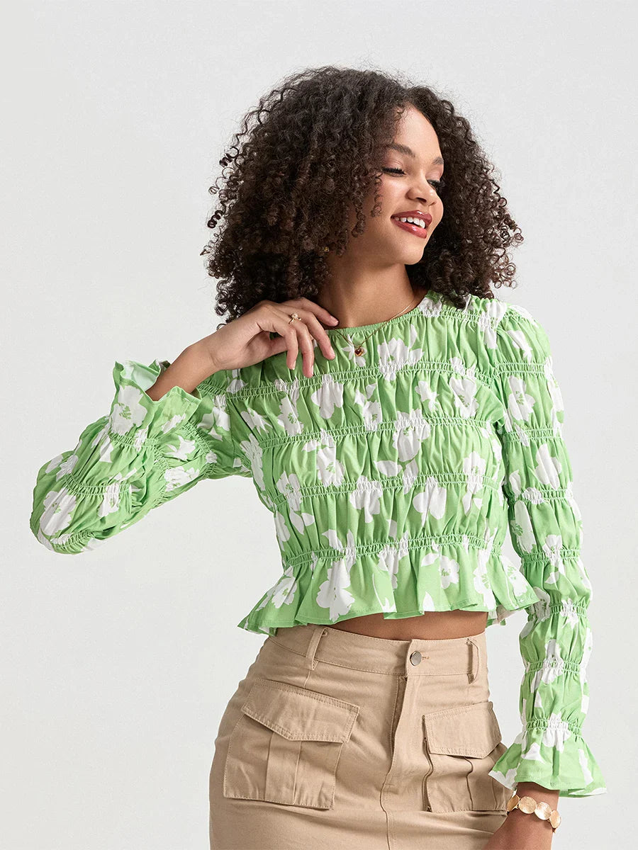 Floral Ruched Boat Neck Long Sleeve Crop T-shirt - Fashionpara