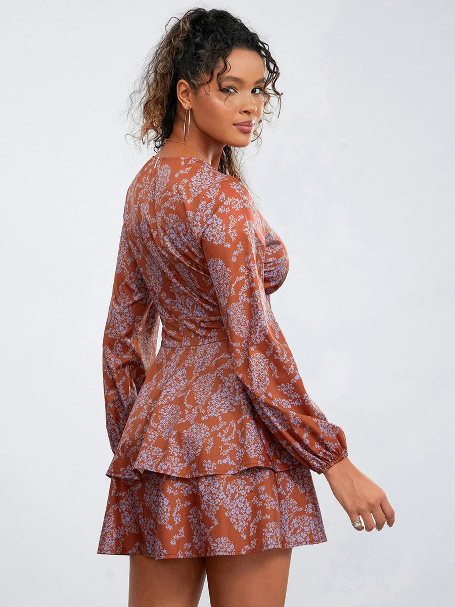 Floral Print Ruffles Tiered Mini Dress V-neck High Waist Floral Dress