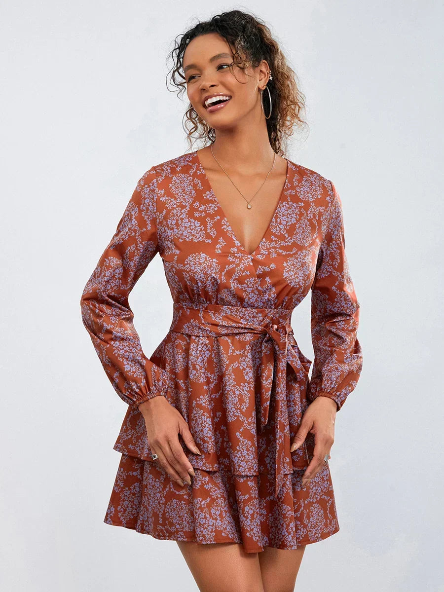 Floral Print Ruffles Tiered Mini Dress V-neck High Waist Floral Dress Red / S floraldress-250126