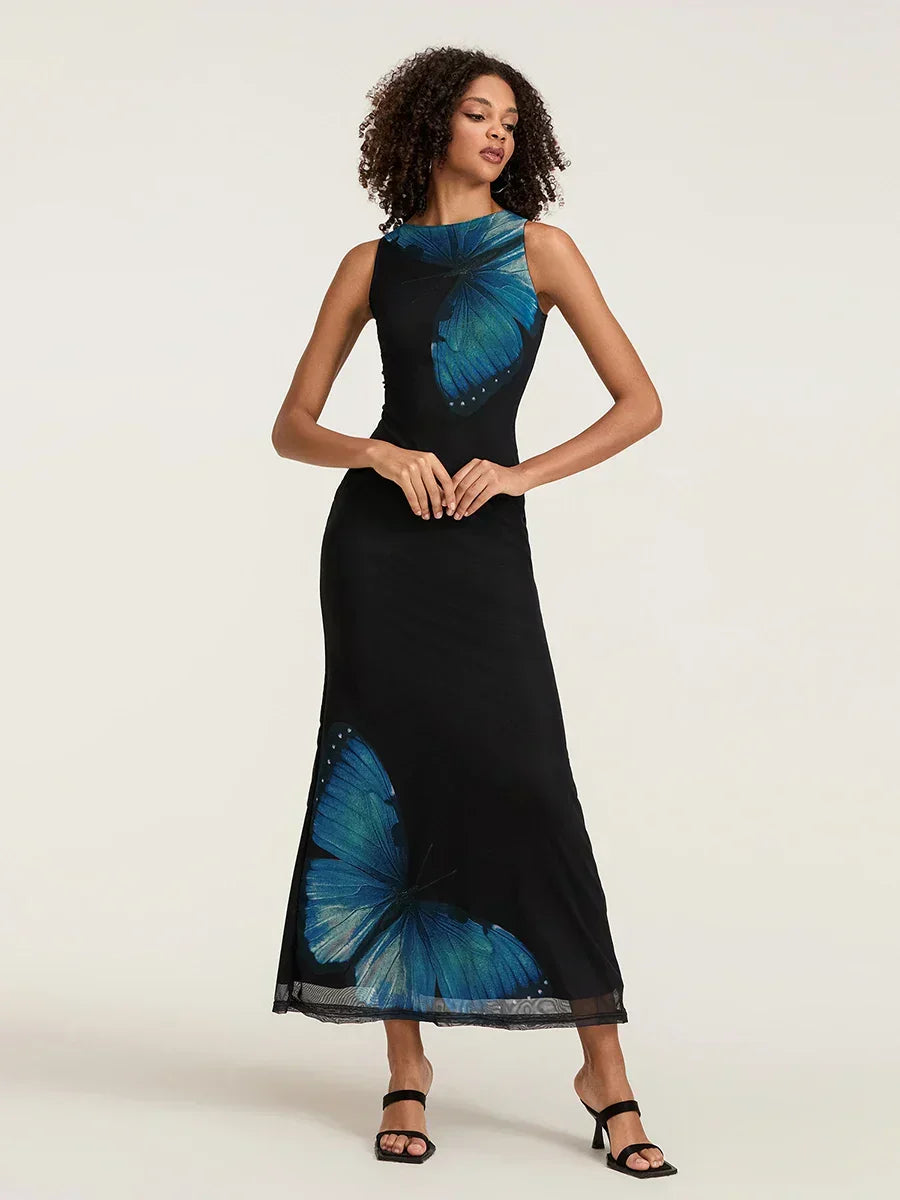 Butterfly Print Sleeveless Bodycon Maxi Dress 2